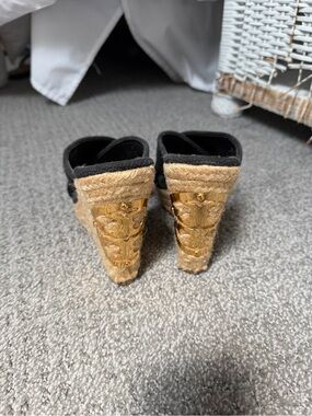 Tory Burch Black Fabric Espadrille Wedge Sandals with Gold Logo Heel